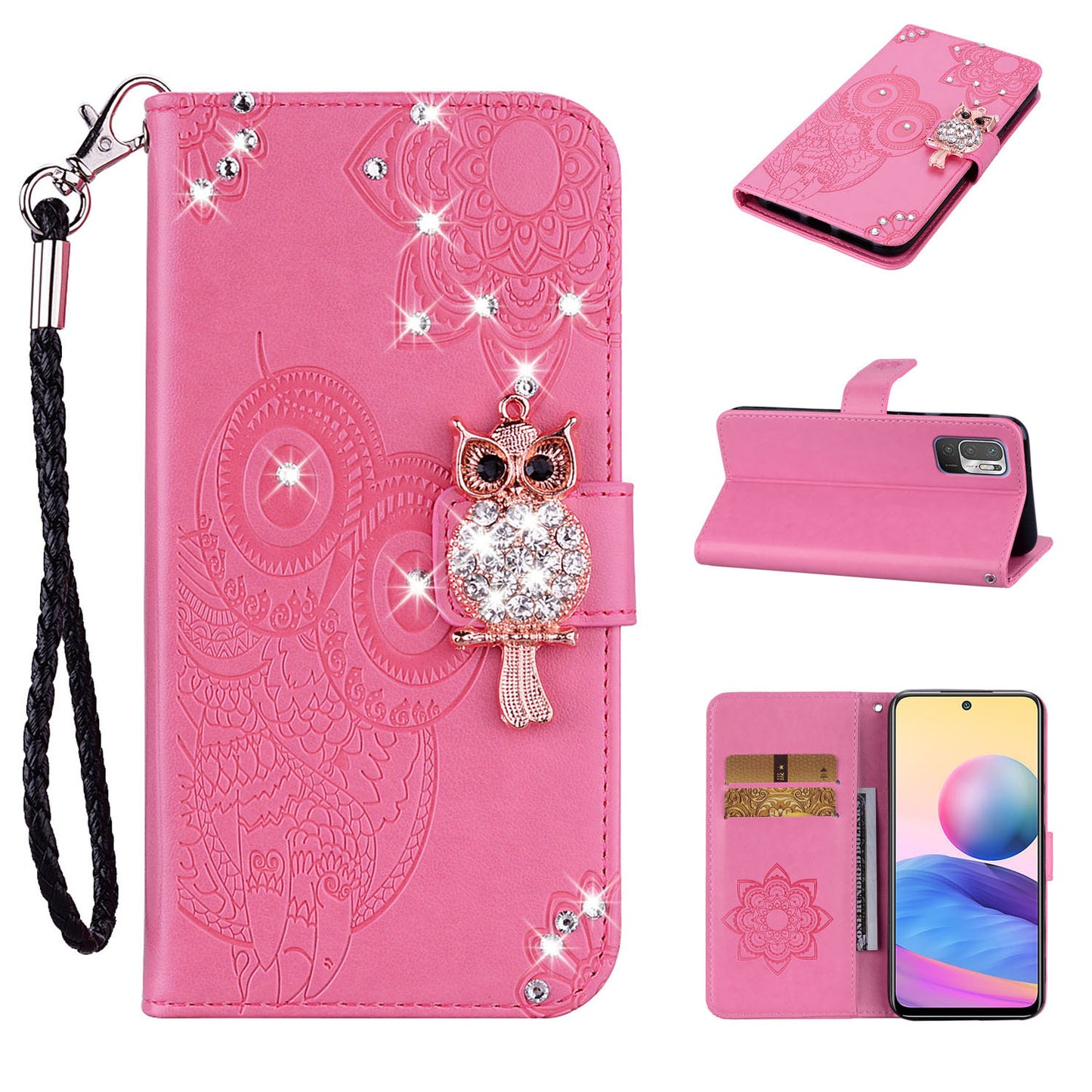 Owl Imprint Rhinestone Decor Leather Phone Cover for Xiaomi Redmi Note 10 5G/Poco M3 Pro 5G/4G