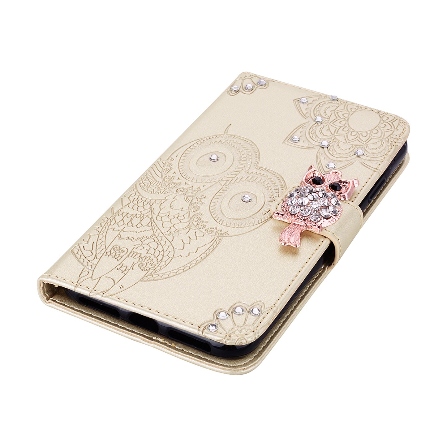 Owl Imprint Rhinestone Decor Leather Phone Cover for Xiaomi Redmi Note 10 5G/Poco M3 Pro 5G/4G