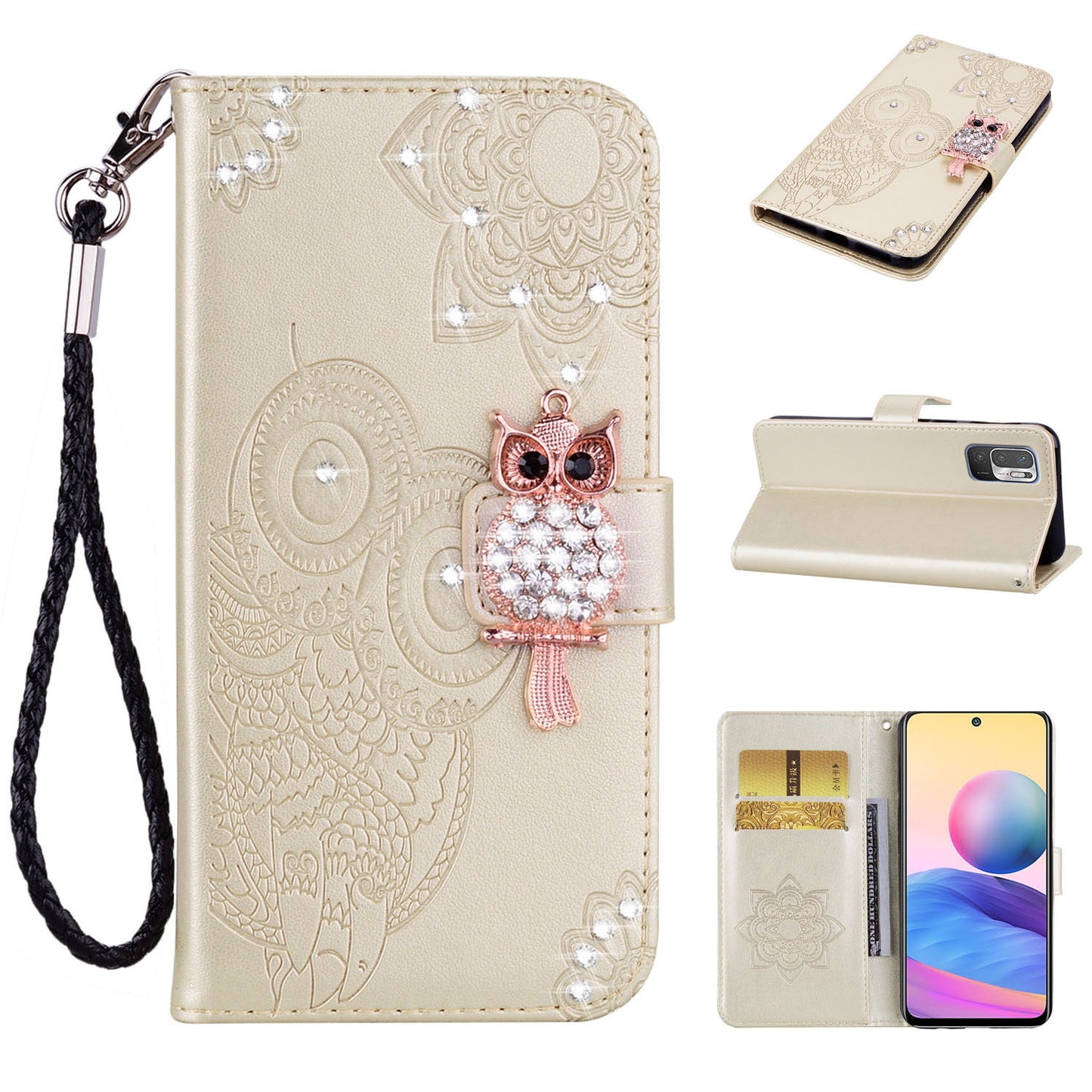 Owl Imprint Rhinestone Decor Leather Phone Cover for Xiaomi Redmi Note 10 5G/Poco M3 Pro 5G/4G