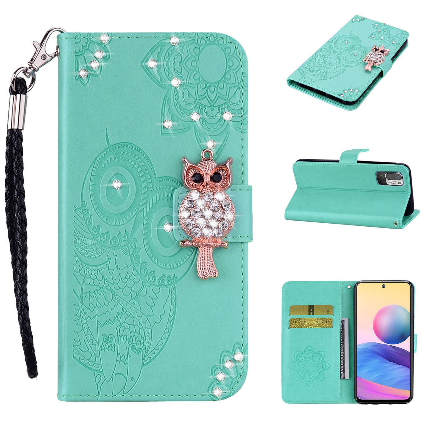 Owl Imprint Rhinestone Decor Leather Phone Cover for Xiaomi Redmi Note 10 5G/Poco M3 Pro 5G/4G