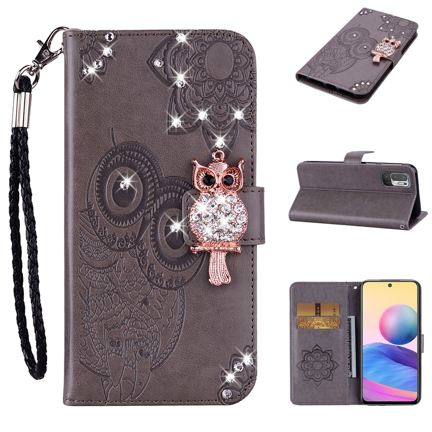 Owl Imprint Rhinestone Decor Leather Phone Cover for Xiaomi Redmi Note 10 5G/Poco M3 Pro 5G/4G