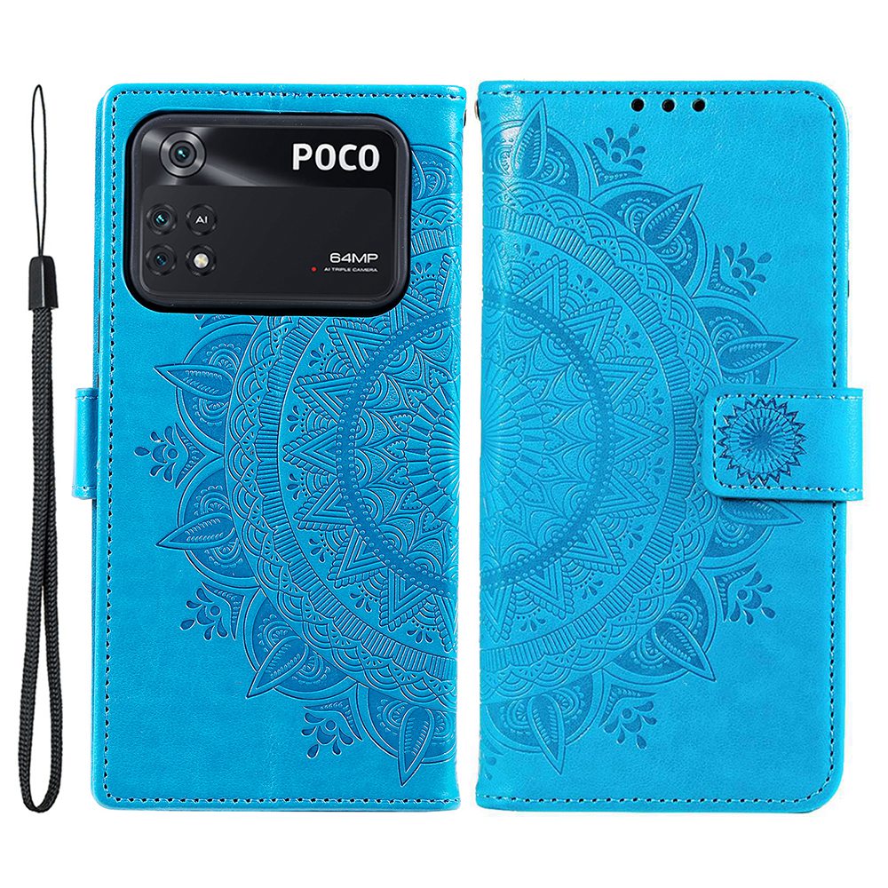 Imprinted Mandala Flower Wallet Design Leather Case with Strap for Xiaomi Poco M4 Pro 4G, Anti-Drop Full Protection Phone Stand Case