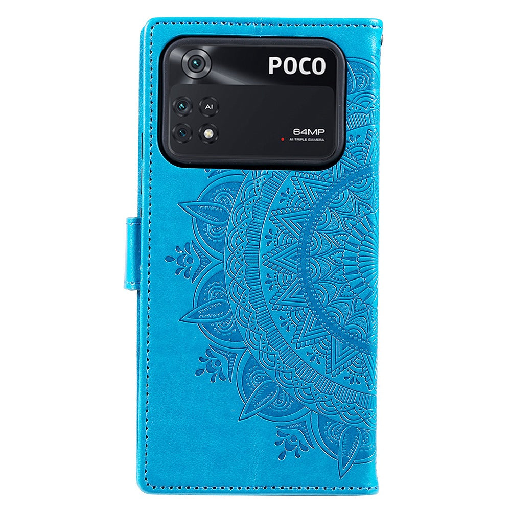 Imprinted Mandala Flower Wallet Design Leather Case with Strap for Xiaomi Poco M4 Pro 4G, Anti-Drop Full Protection Phone Stand Case