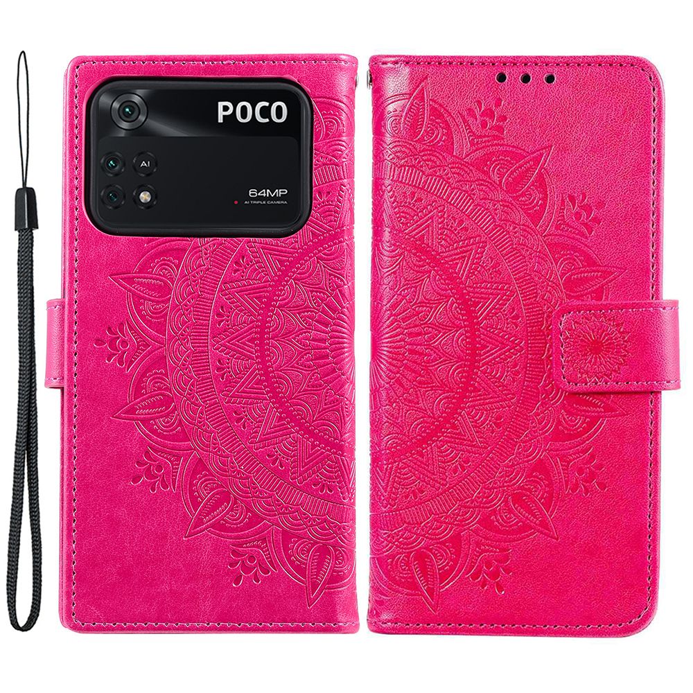 Imprinted Mandala Flower Wallet Design Leather Case with Strap for Xiaomi Poco M4 Pro 4G, Anti-Drop Full Protection Phone Stand Case
