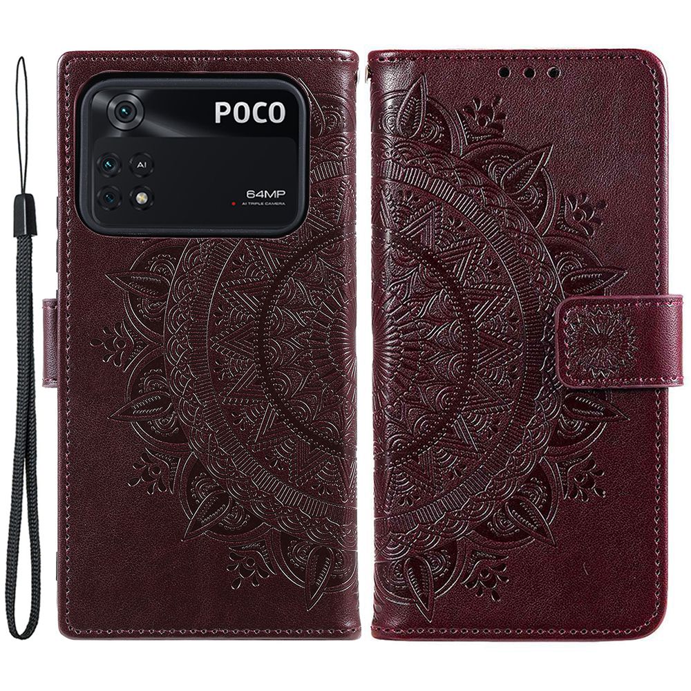 Imprinted Mandala Flower Wallet Design Leather Case with Strap for Xiaomi Poco M4 Pro 4G, Anti-Drop Full Protection Phone Stand Case