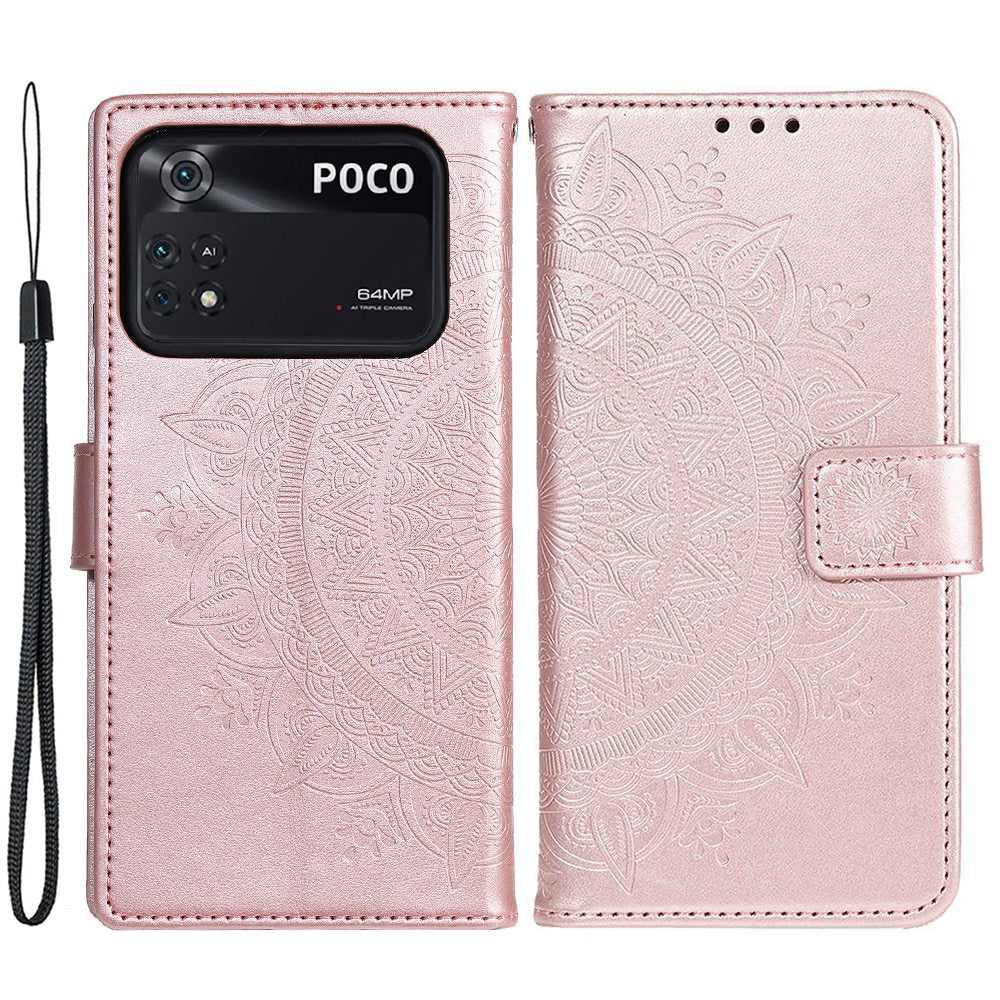 Imprinted Mandala Flower Wallet Design Leather Case with Strap for Xiaomi Poco M4 Pro 4G, Anti-Drop Full Protection Phone Stand Case