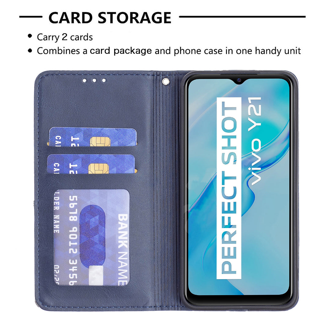 For vivo Y21 Scratch-resistant Rhombus-Like Protective Phone Cover Imprinting Card Slots Design Leather Stand Phone Case