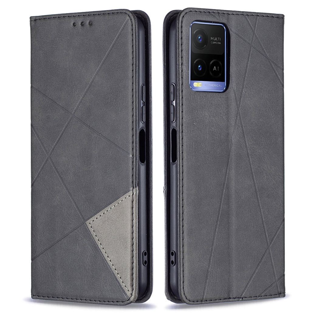 For vivo Y21 Scratch-resistant Rhombus-Like Protective Phone Cover Imprinting Card Slots Design Leather Stand Phone Case