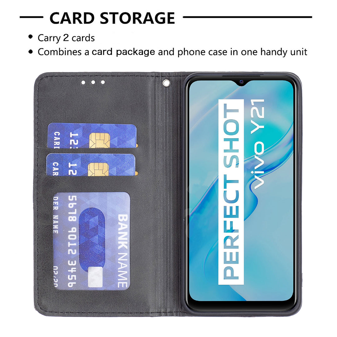 For vivo Y21 Scratch-resistant Rhombus-Like Protective Phone Cover Imprinting Card Slots Design Leather Stand Phone Case