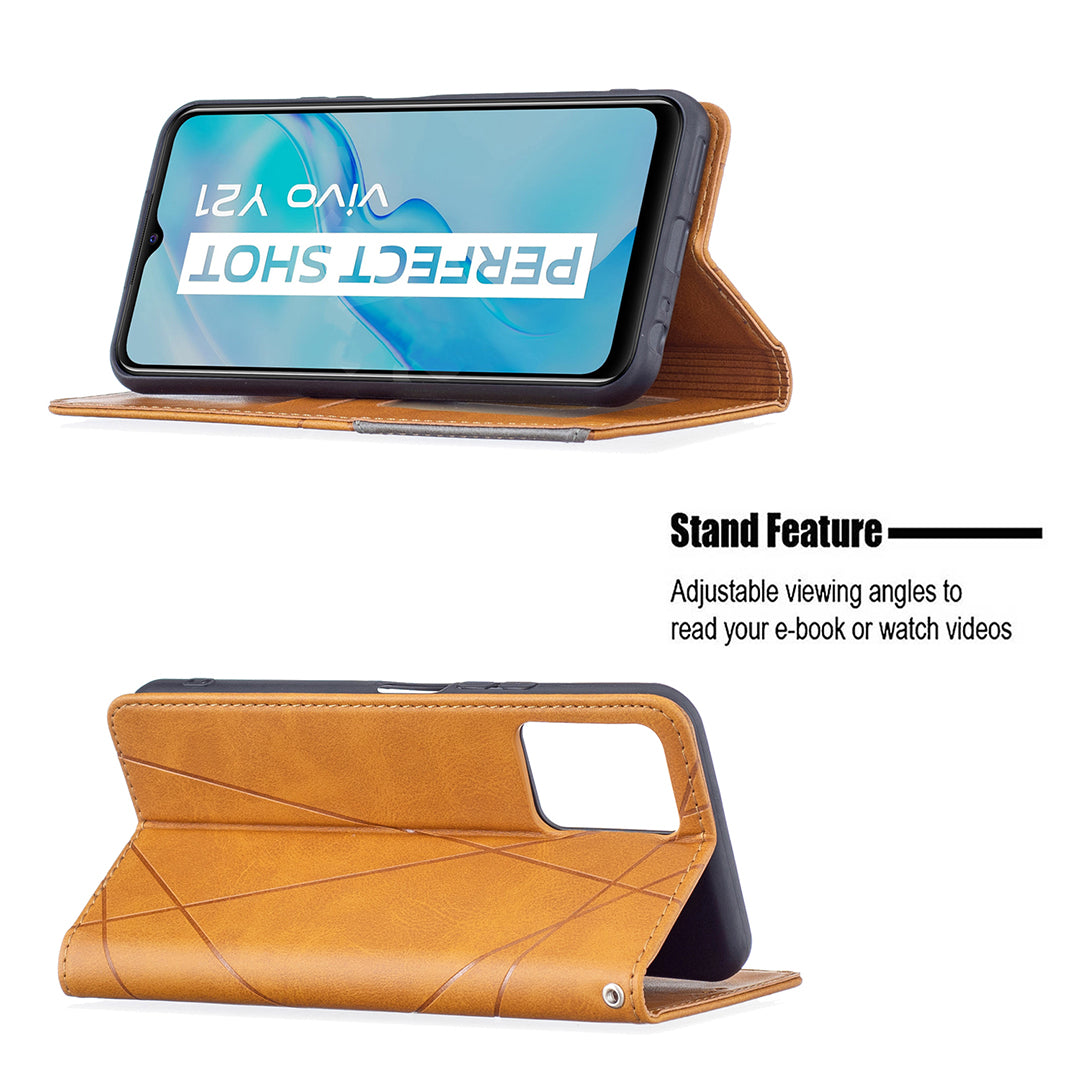 For vivo Y21 Scratch-resistant Rhombus-Like Protective Phone Cover Imprinting Card Slots Design Leather Stand Phone Case