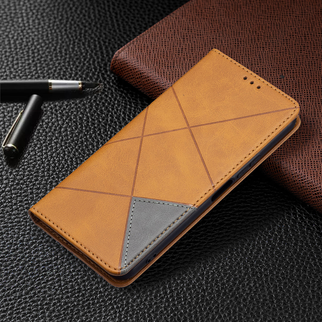 For vivo Y21 Scratch-resistant Rhombus-Like Protective Phone Cover Imprinting Card Slots Design Leather Stand Phone Case
