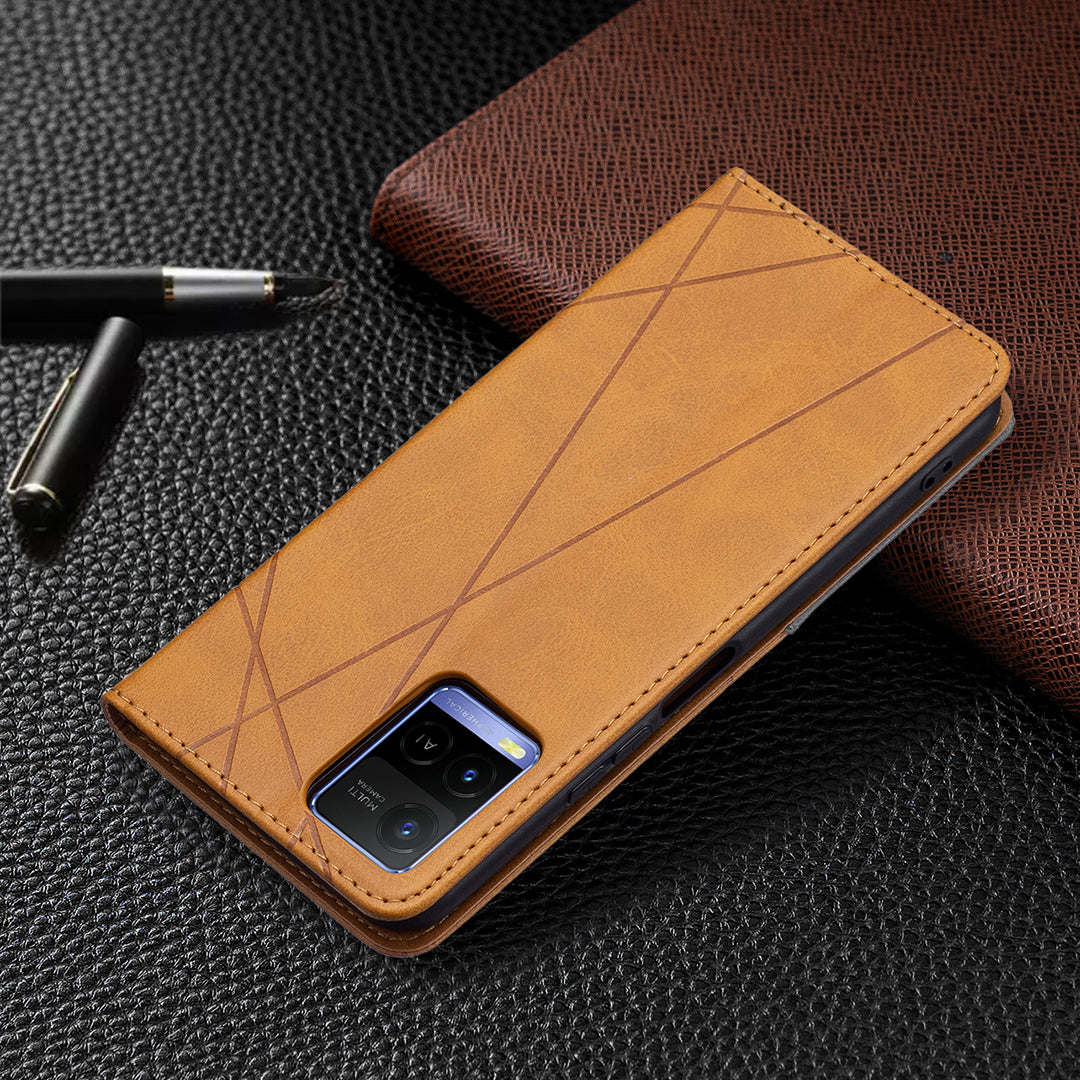 For vivo Y21 Scratch-resistant Rhombus-Like Protective Phone Cover Imprinting Card Slots Design Leather Stand Phone Case