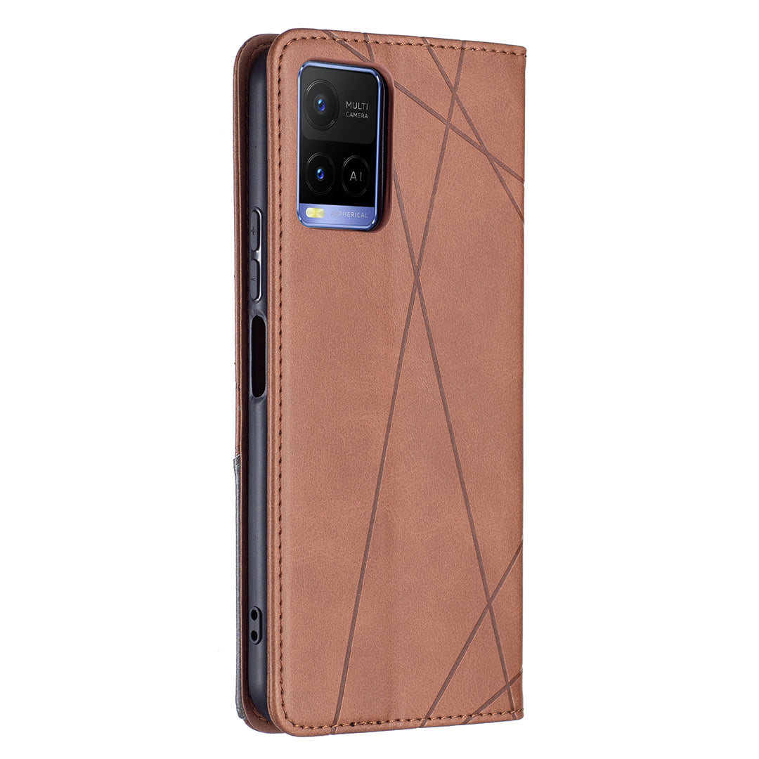 For vivo Y21 Scratch-resistant Rhombus-Like Protective Phone Cover Imprinting Card Slots Design Leather Stand Phone Case