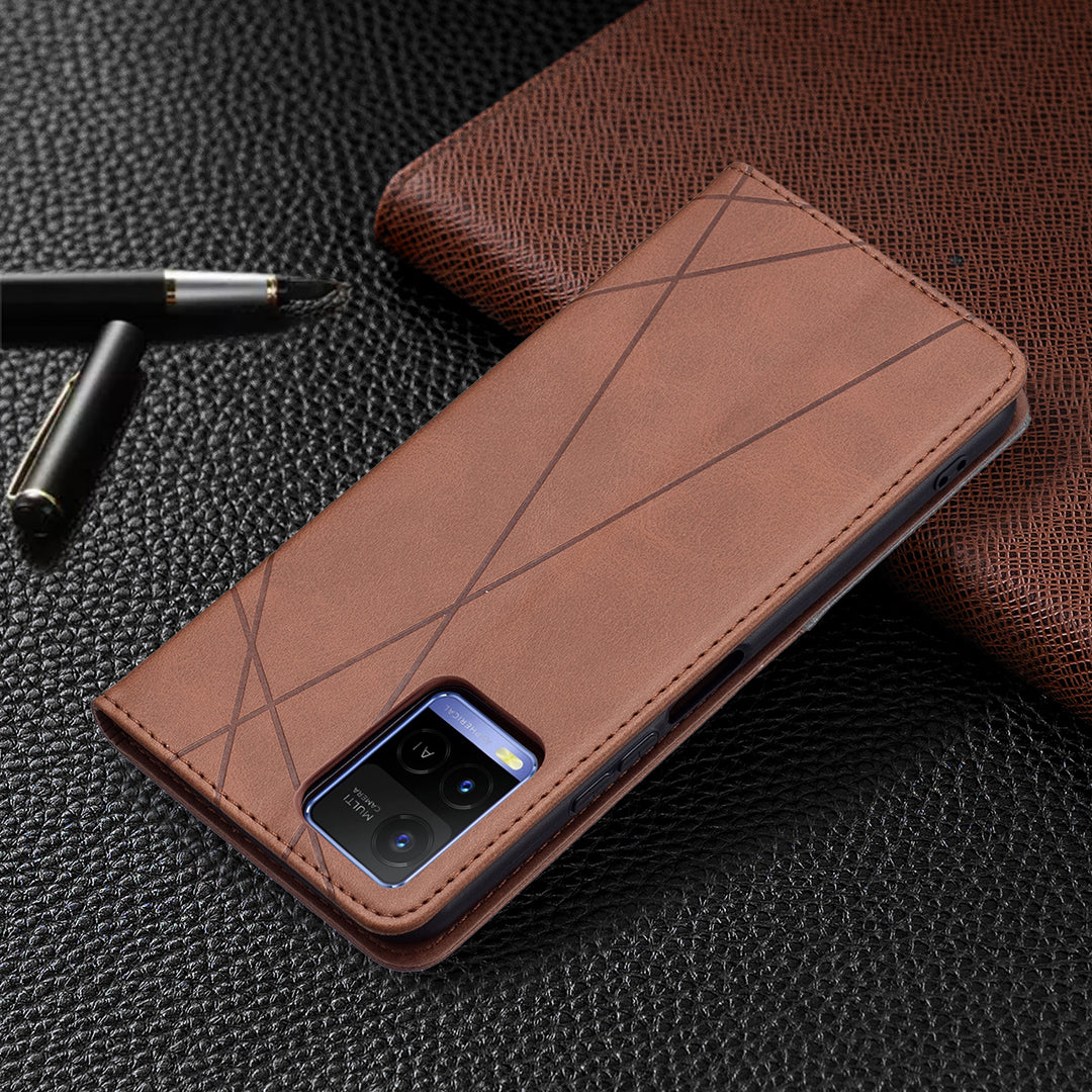 For vivo Y21 Scratch-resistant Rhombus-Like Protective Phone Cover Imprinting Card Slots Design Leather Stand Phone Case