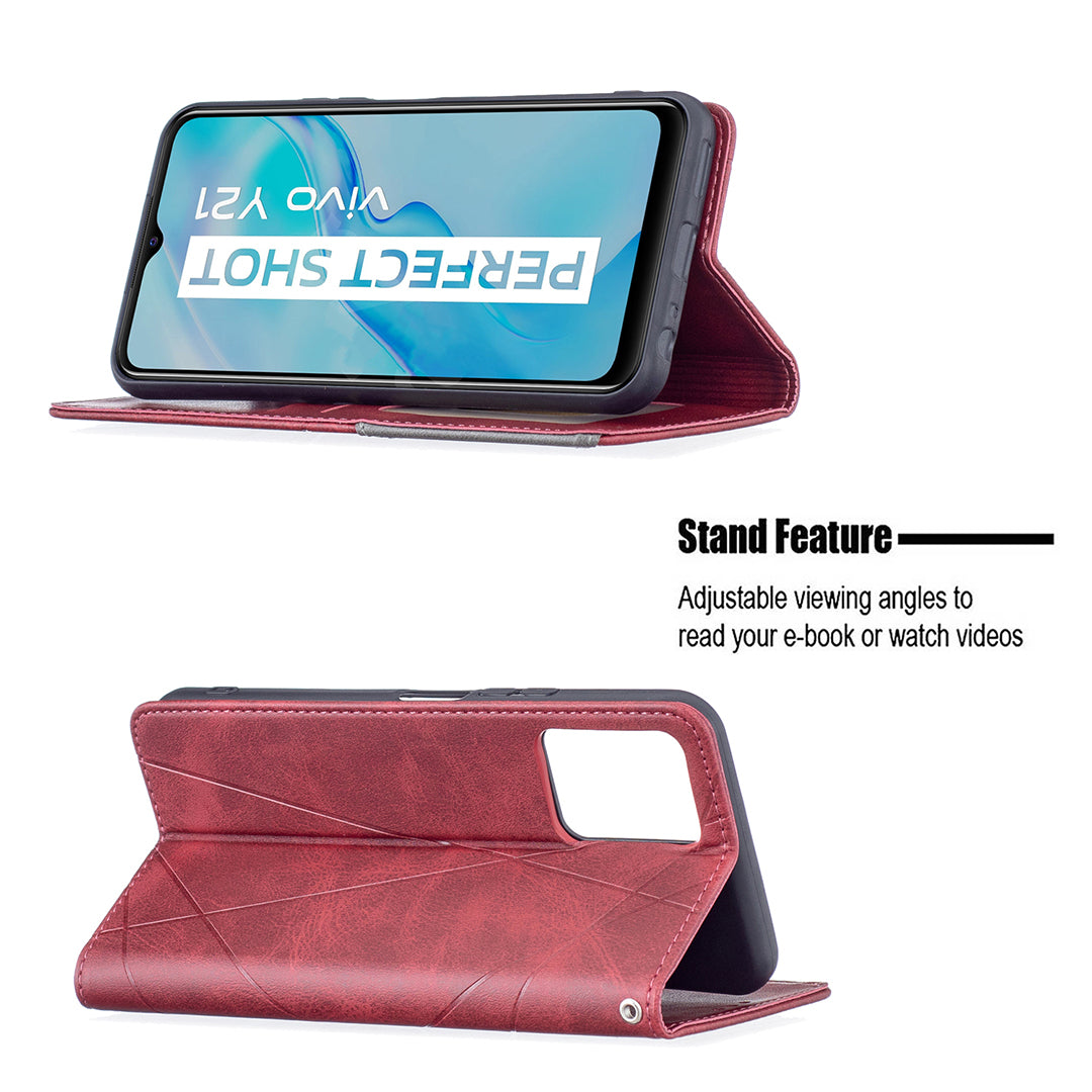 For vivo Y21 Scratch-resistant Rhombus-Like Protective Phone Cover Imprinting Card Slots Design Leather Stand Phone Case
