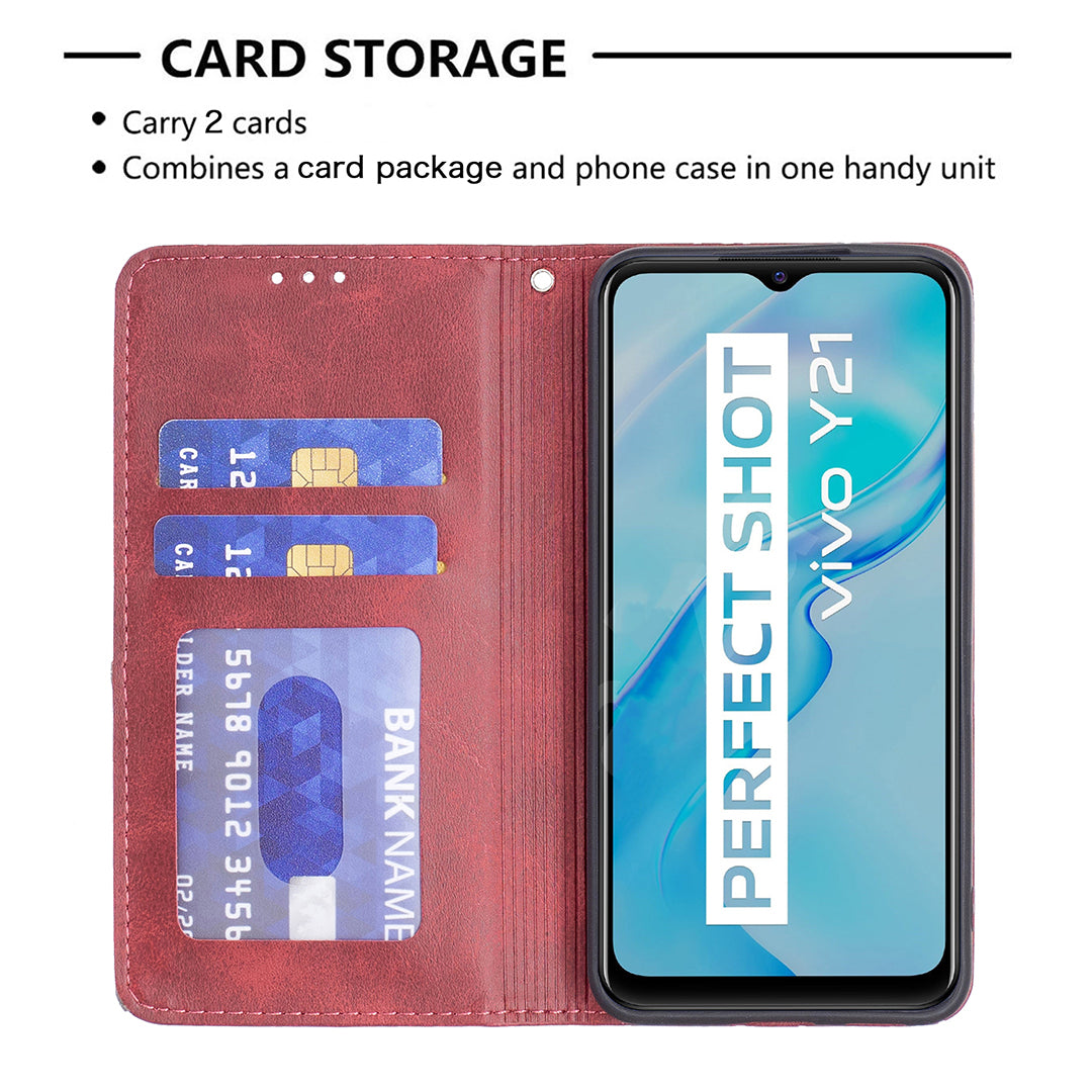 For vivo Y21 Scratch-resistant Rhombus-Like Protective Phone Cover Imprinting Card Slots Design Leather Stand Phone Case