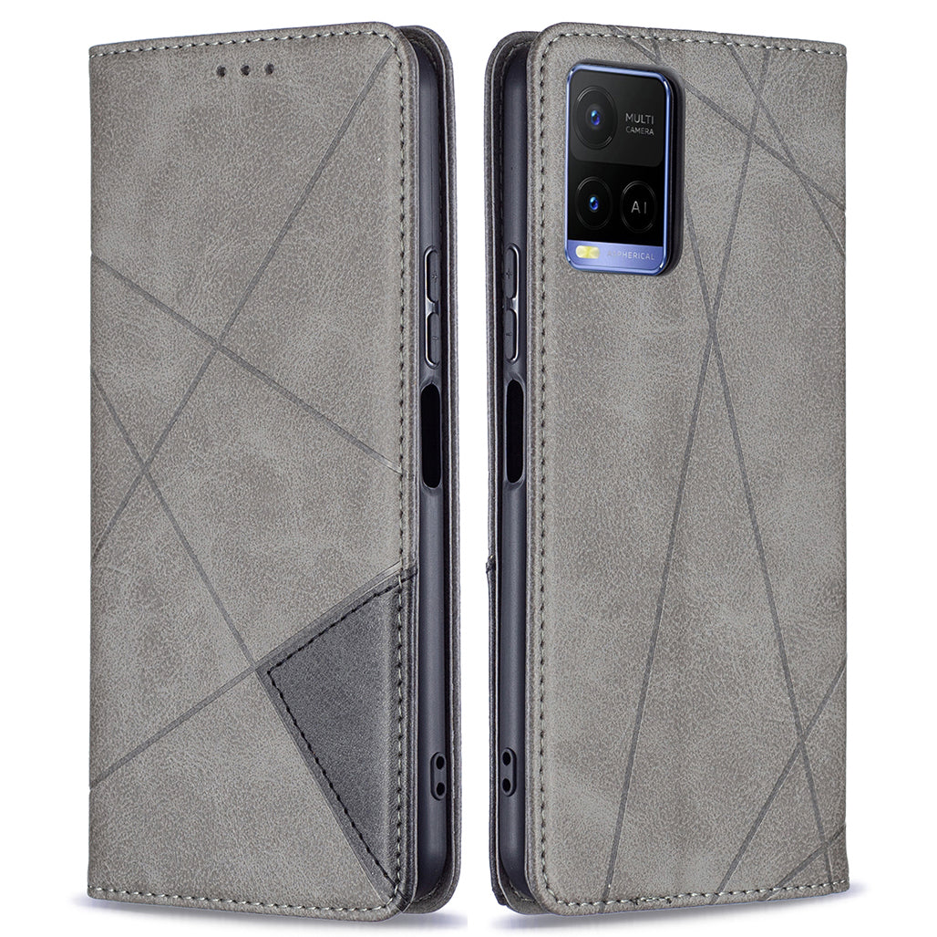 For vivo Y21 Scratch-resistant Rhombus-Like Protective Phone Cover Imprinting Card Slots Design Leather Stand Phone Case