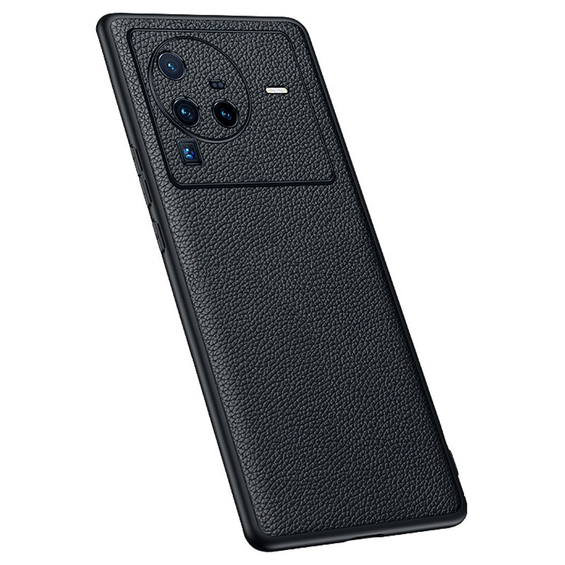 Precise Cutout Litchi Texture Phone Case for vivo X80 Pro, Genuine Cowhide Leather Coated TPU Cover with Lens Protection