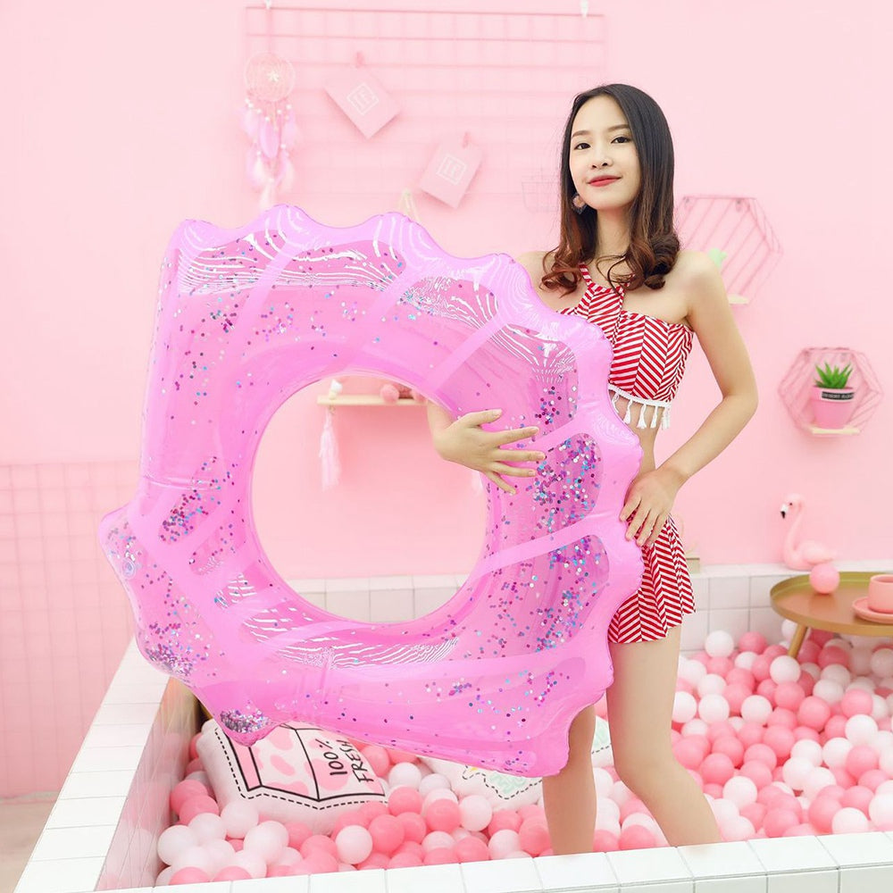 100*110cm PVC Swim Ring Inflatable Sequins Shell Shape Water Float for Children Adults