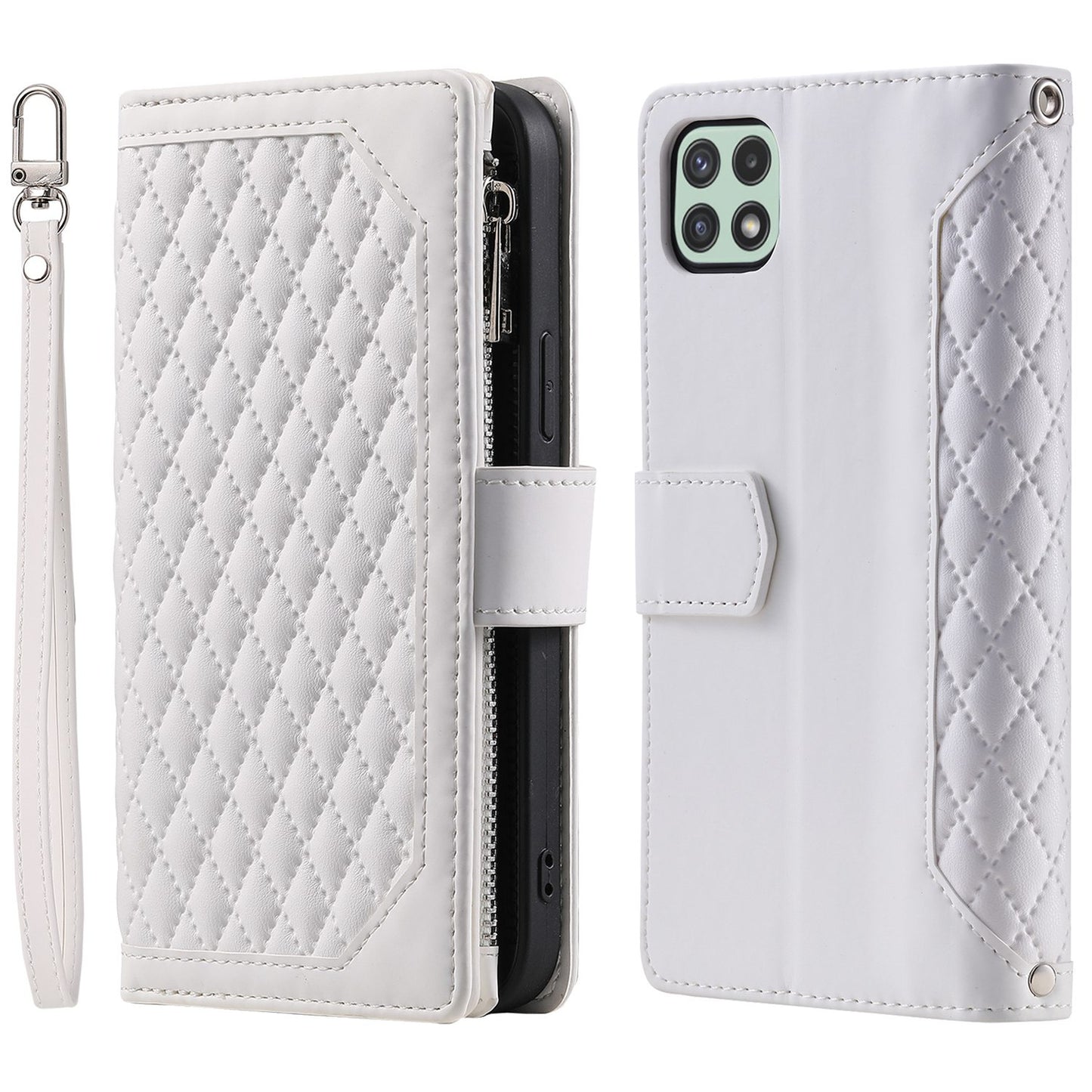 005 Phone Case Pouch for Samsung Galaxy A22 5G (EU Version), Anti-scratch Rhombus Grid Textured PU Leather Zipper Pocket Stand Wallet Phone Case with Multiple Card Slots and Handy Strap