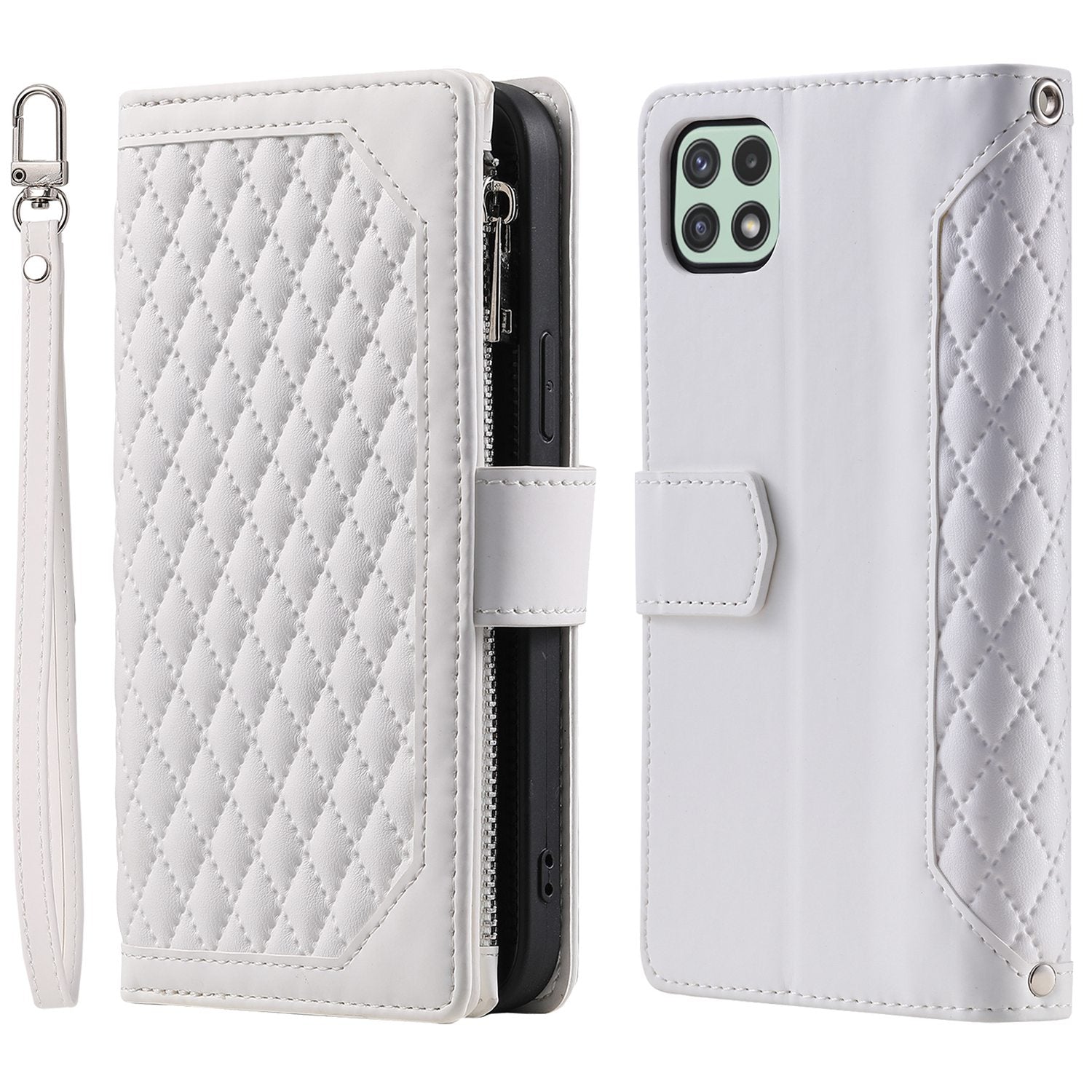 005 Phone Case Pouch for Samsung Galaxy A22 5G (EU Version), Anti-scratch Rhombus Grid Textured PU Leather Zipper Pocket Stand Wallet Phone Case with Multiple Card Slots and Handy Strap