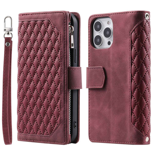 005 Rhombus Grid Textured PU Leather Phone Case for iPhone 14 Plus 6.7 inch, Zipper Pocket Stand Wallet Cover with Strap