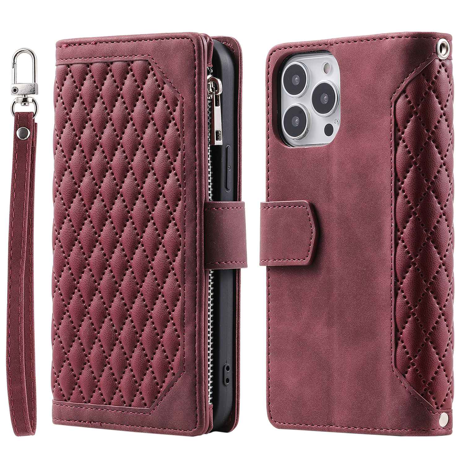 005 Rhombus Grid Textured PU Leather Phone Case for iPhone 14 Plus 6.7 inch, Zipper Pocket Stand Wallet Cover with Strap