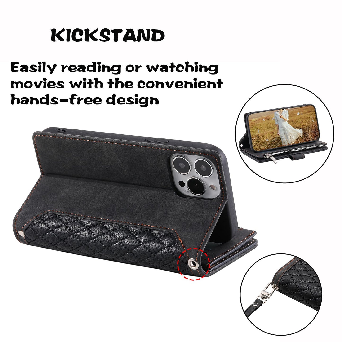 005 Rhombus Grid Textured PU Leather Phone Case for iPhone 14 Plus 6.7 inch, Zipper Pocket Stand Wallet Cover with Strap