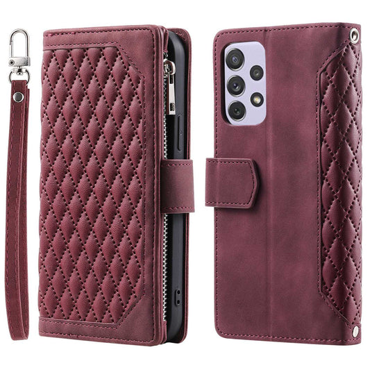 005 Phone Covering Shell for Samsung Galaxy A52s 5G  /  A52 5G / 4G, Rhombus Grid Textured PU Leather Phone Case Zipper Pocket Stand Wallet with Strap