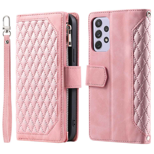 005 Phone Covering Shell for Samsung Galaxy A52s 5G  /  A52 5G / 4G, Rhombus Grid Textured PU Leather Phone Case Zipper Pocket Stand Wallet with Strap