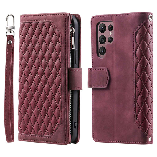 005 Style for Samsung Galaxy S22 Ultra 5G Rhombus Texture PU Leather Phone Wallet Stand Cover Zipper Pocket Design Anti-drop Case with Wrist Strap
