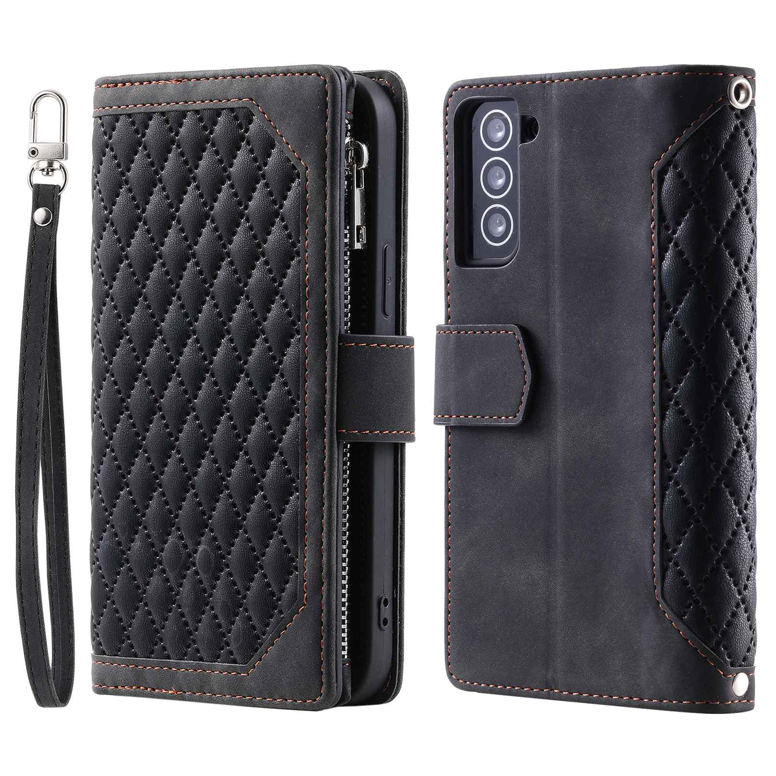 005 Style for Samsung Galaxy S22+ 5G Zipper Pocket Design PU Leather Phone Drop-proof Cover Rhombus Texture Stand Wallet Case with Strap