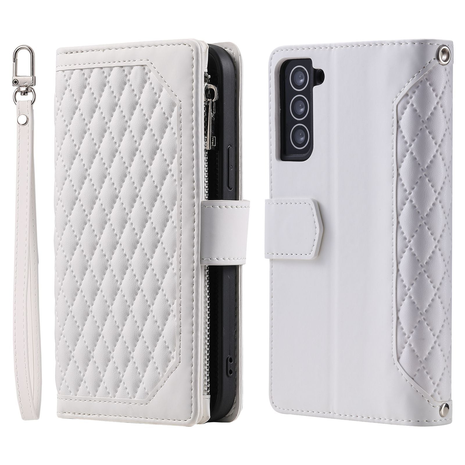 005 Style for Samsung Galaxy S22+ 5G Zipper Pocket Design PU Leather Phone Drop-proof Cover Rhombus Texture Stand Wallet Case with Strap