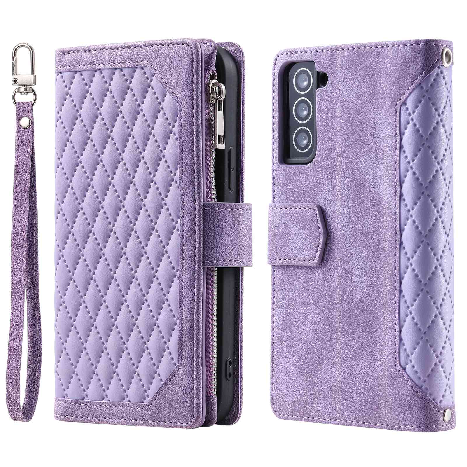 005 Style for Samsung Galaxy S22+ 5G Zipper Pocket Design PU Leather Phone Drop-proof Cover Rhombus Texture Stand Wallet Case with Strap