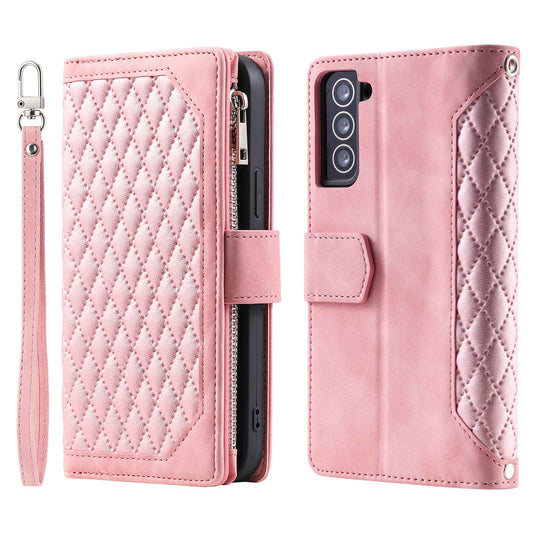 005 Style for Samsung Galaxy S22+ 5G Zipper Pocket Design PU Leather Phone Drop-proof Cover Rhombus Texture Stand Wallet Case with Strap