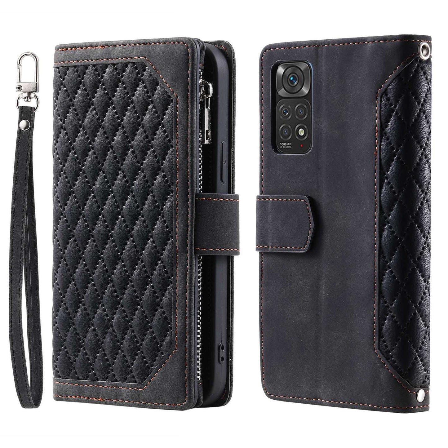 005 Style Smartphone Cover for Xiaomi Redmi Note 11 4G (Qualcomm) / Note 11S 4G, Rhombus Texture PU Leather Zipper Pocket Stand Wallet Case with Strap