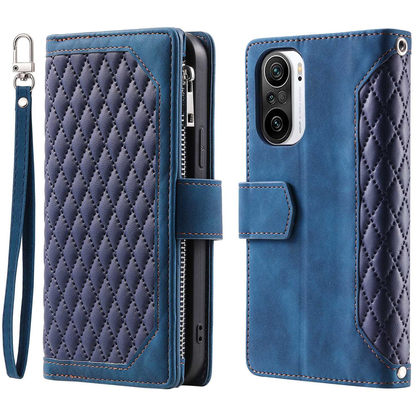 005 Style for Xiaomi Mi 11i / Poco F3 / Redmi K40 / K40 Pro / K40 Pro+ All-round Shockproof Rhombus Texture Phone Case PU Leather Zipper Pocket Stand Wallet Cover with Wrist Strap