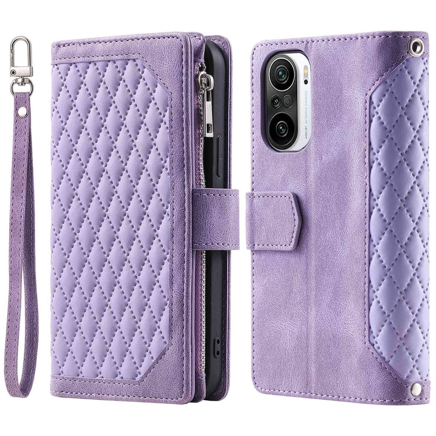 005 Style for Xiaomi Mi 11i / Poco F3 / Redmi K40 / K40 Pro / K40 Pro+ All-round Shockproof Rhombus Texture Phone Case PU Leather Zipper Pocket Stand Wallet Cover with Wrist Strap