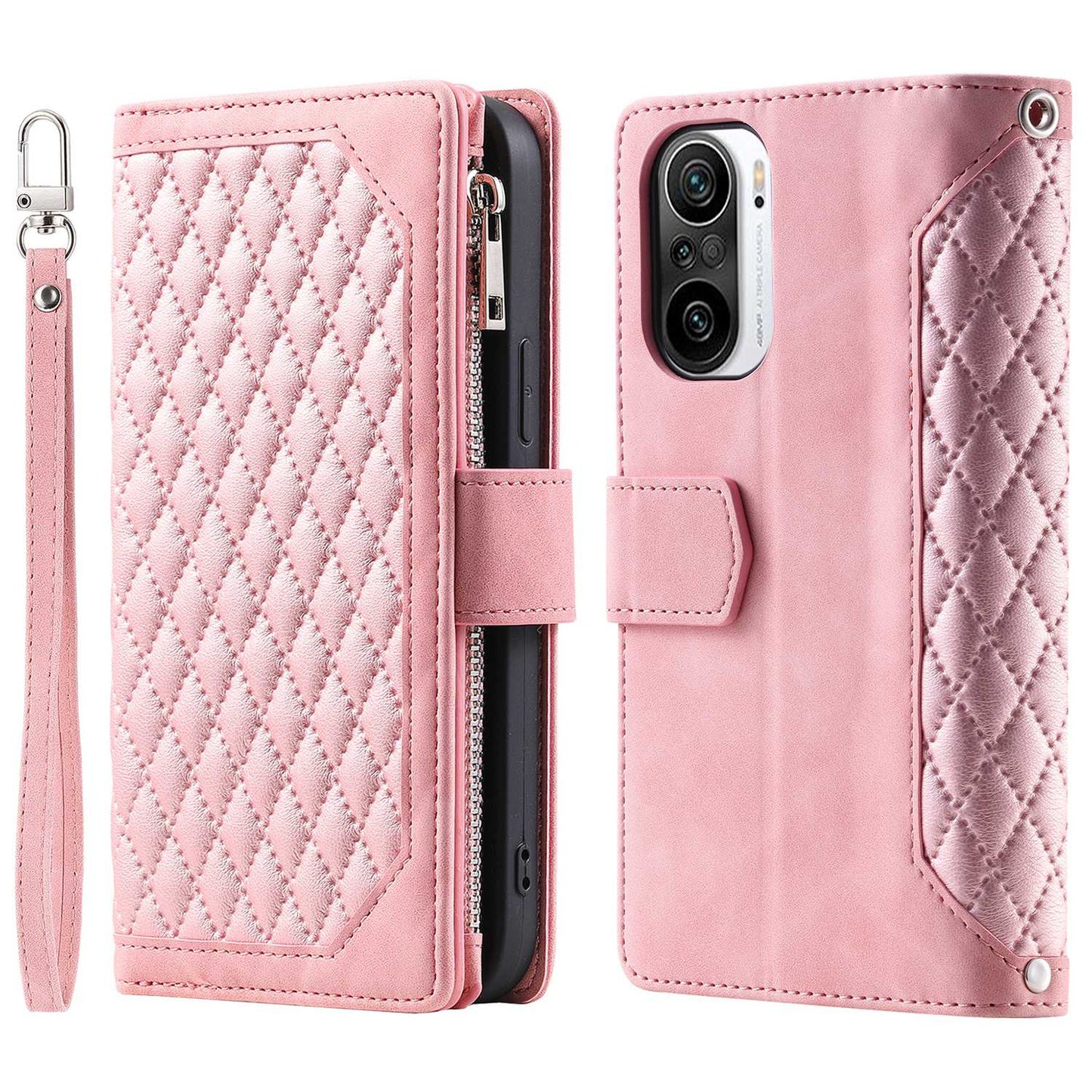 005 Style for Xiaomi Mi 11i / Poco F3 / Redmi K40 / K40 Pro / K40 Pro+ All-round Shockproof Rhombus Texture Phone Case PU Leather Zipper Pocket Stand Wallet Cover with Wrist Strap