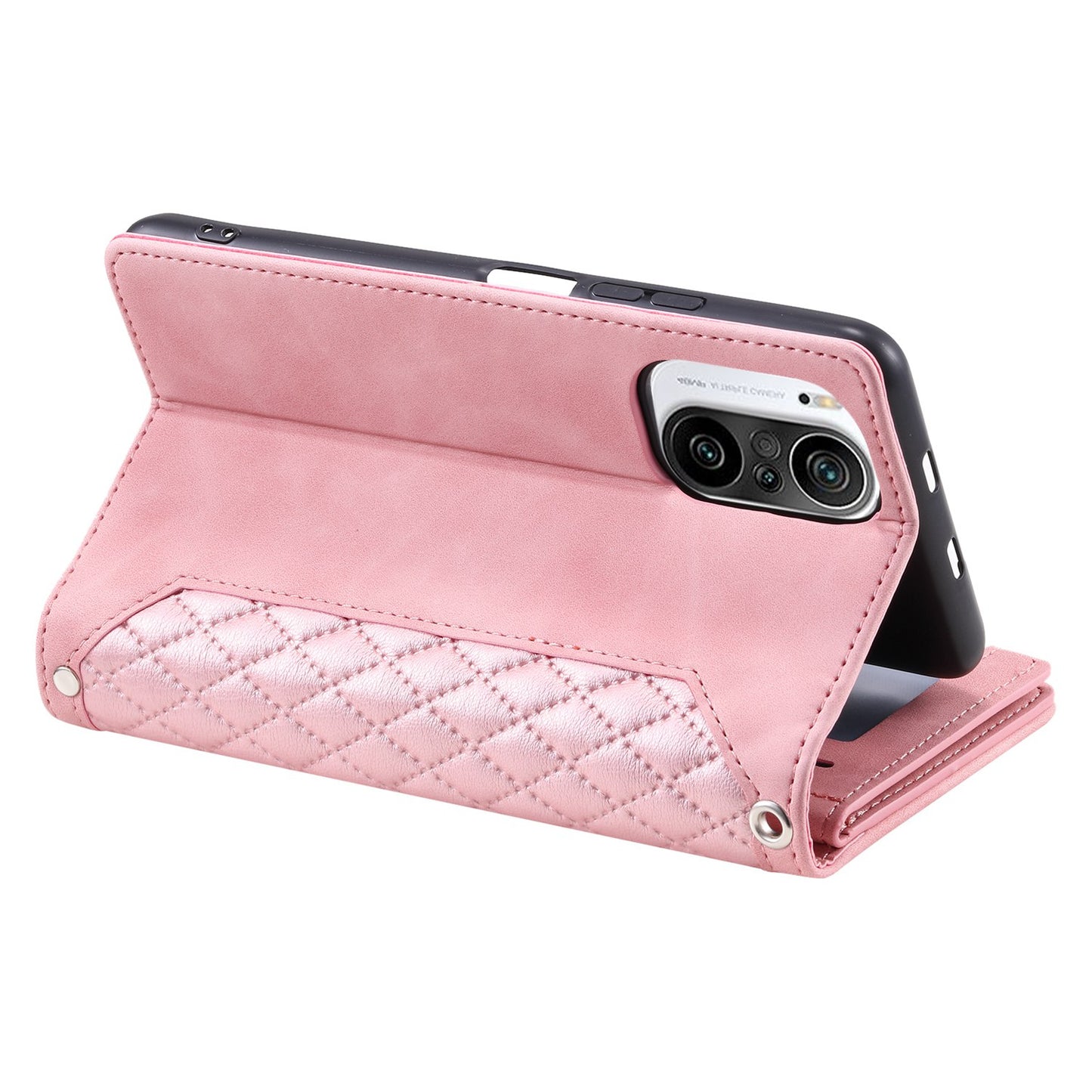 005 Style for Xiaomi Mi 11i / Poco F3 / Redmi K40 / K40 Pro / K40 Pro+ All-round Shockproof Rhombus Texture Phone Case PU Leather Zipper Pocket Stand Wallet Cover with Wrist Strap