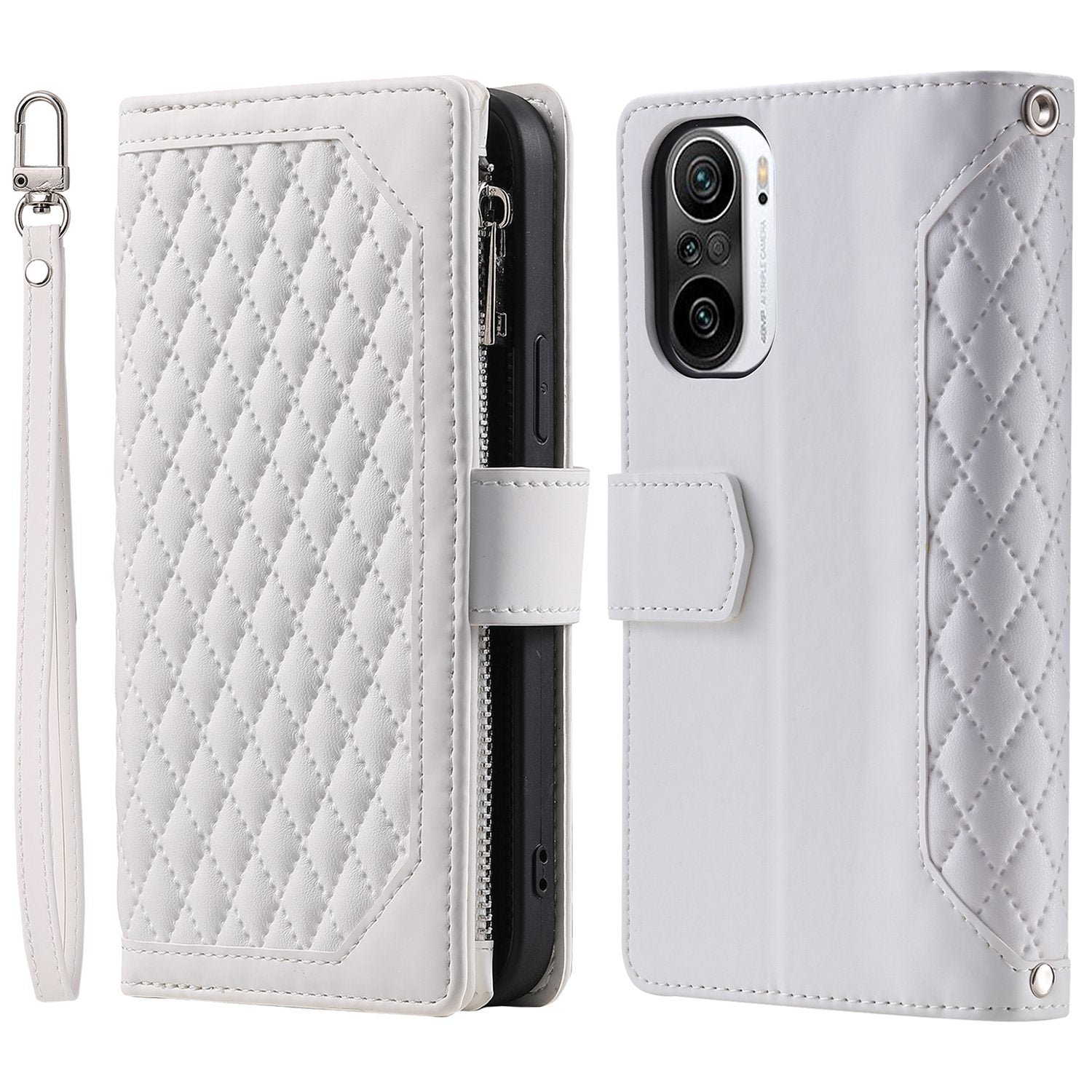 005 Style for Xiaomi Mi 11i / Poco F3 / Redmi K40 / K40 Pro / K40 Pro+ All-round Shockproof Rhombus Texture Phone Case PU Leather Zipper Pocket Stand Wallet Cover with Wrist Strap