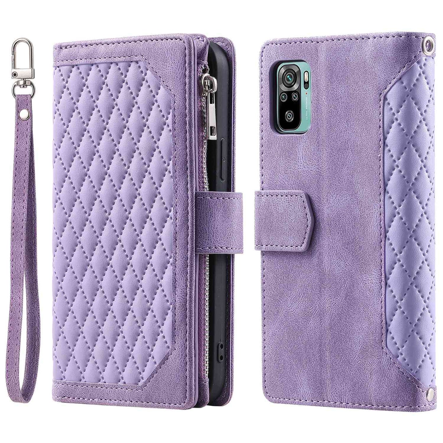 005 Style for Xiaomi Poco M5s 4G / Redmi Note 10 4G / Redmi Note 10S 4G Scratch Resistant Rhombus Texture Phone Case PU Leather Zipper Pocket Stand Wallet Cover with Wrist Strap