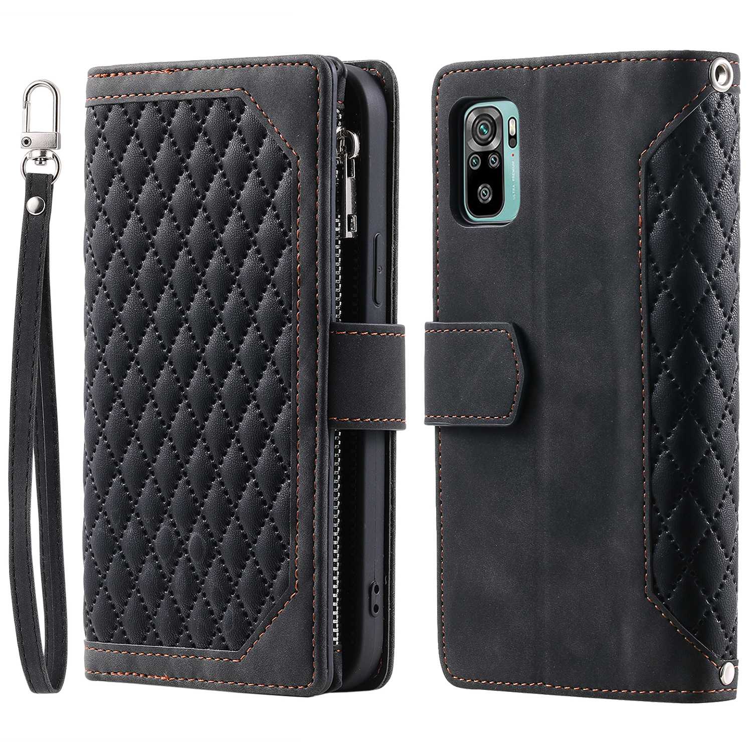 005 Style for Xiaomi Poco M5s 4G / Redmi Note 10 4G / Redmi Note 10S 4G Scratch Resistant Rhombus Texture Phone Case PU Leather Zipper Pocket Stand Wallet Cover with Wrist Strap