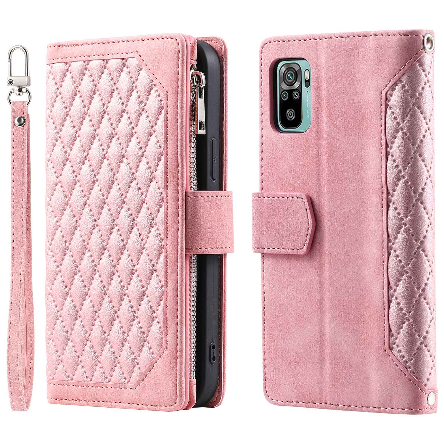 005 Style for Xiaomi Poco M5s 4G / Redmi Note 10 4G / Redmi Note 10S 4G Scratch Resistant Rhombus Texture Phone Case PU Leather Zipper Pocket Stand Wallet Cover with Wrist Strap