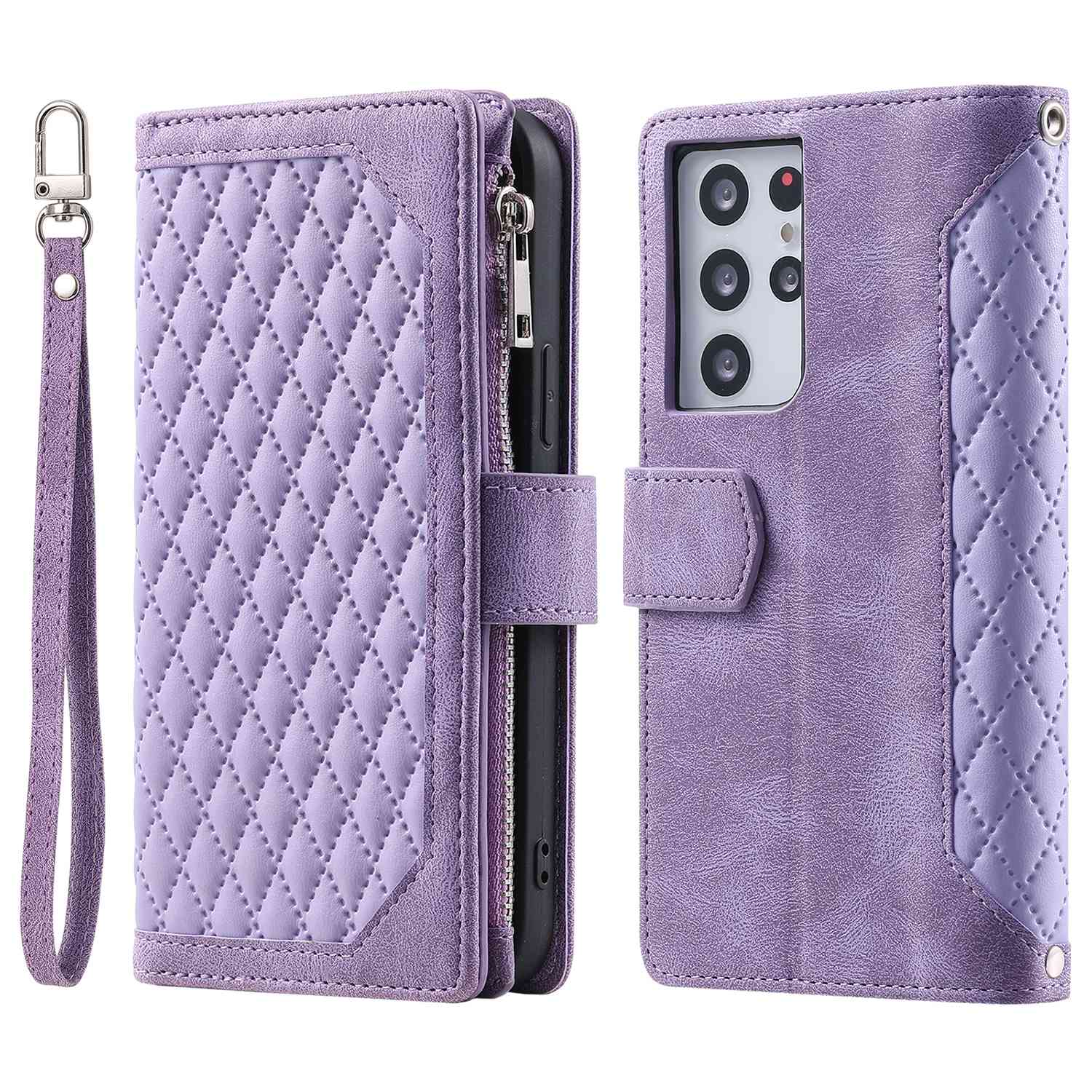 005 Style for Samsung Galaxy S21 Ultra 5G Rhombus Texture Leather Stand Case Zipper Pocket Wallet Phone Cover with Wrist Strap