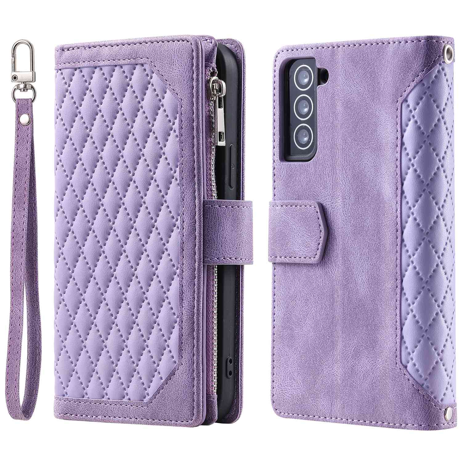 005 Style for Samsung Galaxy S21+ 5G Zipper Pocket Rhombus Texture PU Leather Case Phone Stand Wallet Cover with Wrist Strap