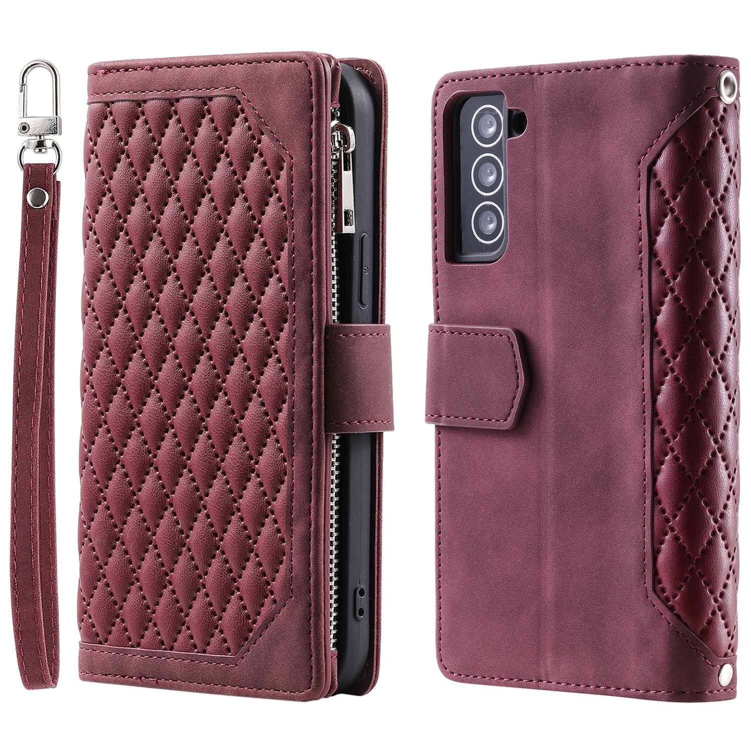 005 Style for Samsung Galaxy S21+ 5G Zipper Pocket Rhombus Texture PU Leather Case Phone Stand Wallet Cover with Wrist Strap