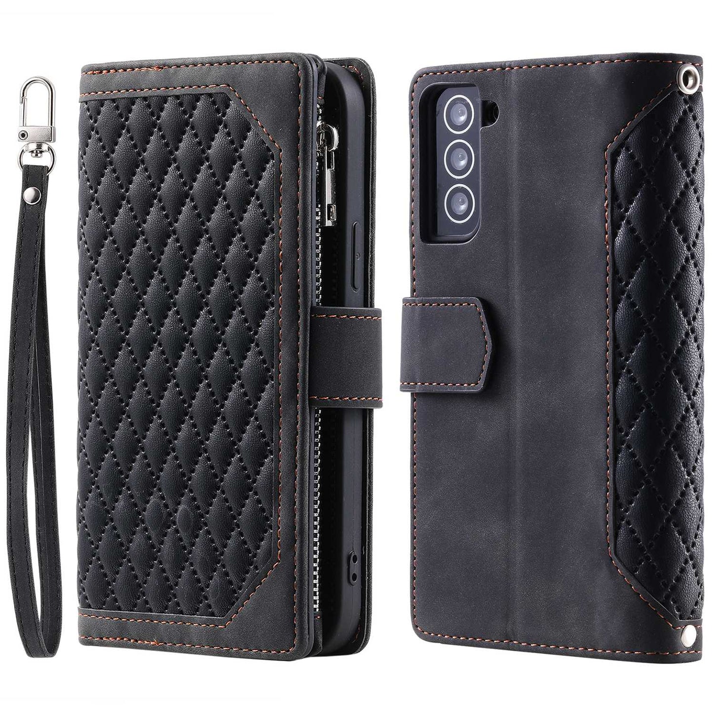 005 Style for Samsung Galaxy S21+ 5G Zipper Pocket Rhombus Texture PU Leather Case Phone Stand Wallet Cover with Wrist Strap