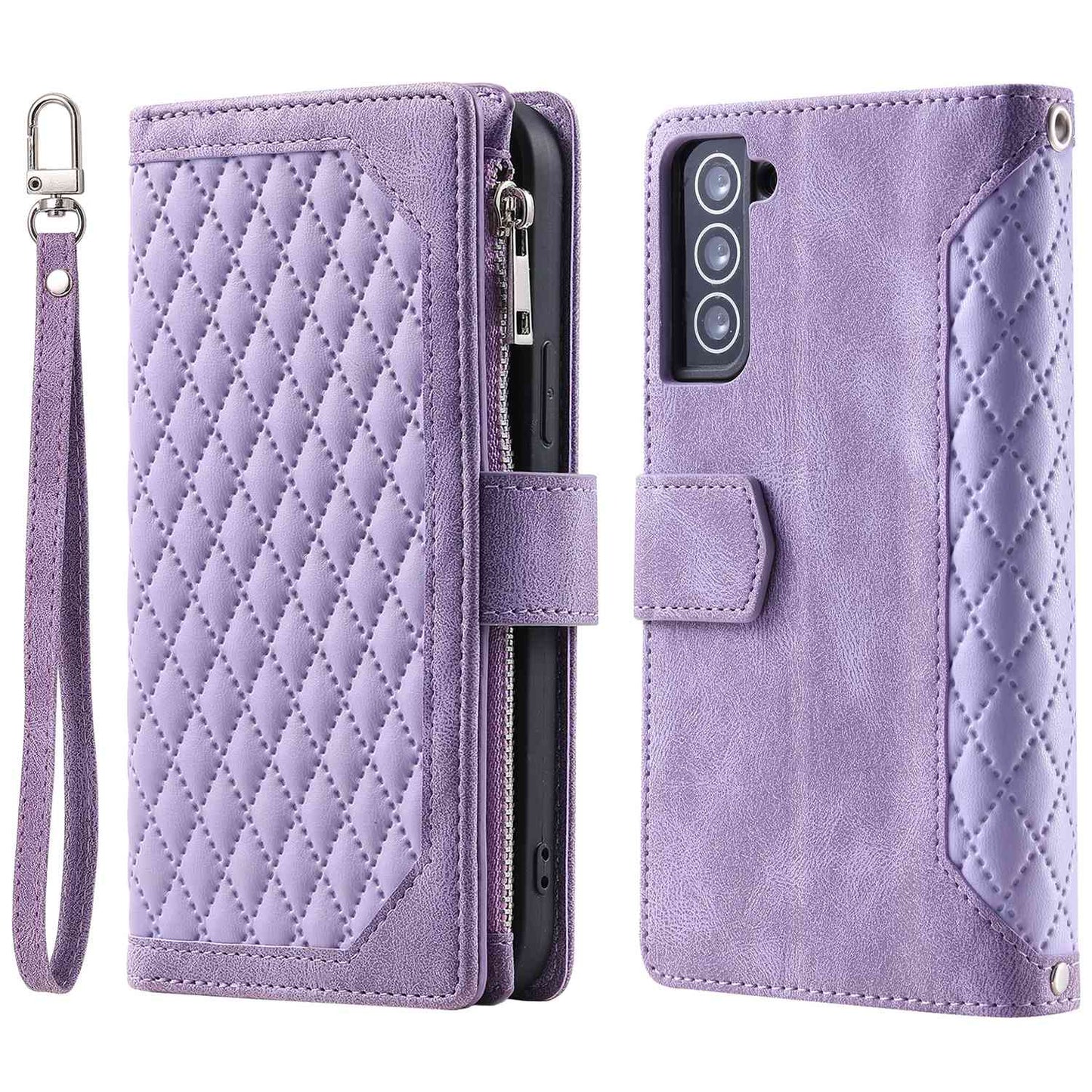 005 Style for Samsung Galaxy S21 FE 5G Rhombus Texture Anti-drop Phone Case PU Leather Zipper Pocket Stand Wallet Cover with Wrist Strap