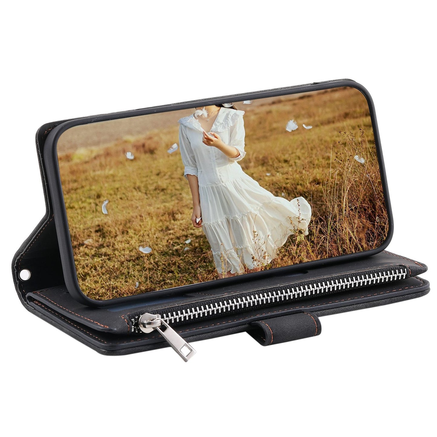 005 Style for Samsung Galaxy S21 FE 5G Rhombus Texture Anti-drop Phone Case PU Leather Zipper Pocket Stand Wallet Cover with Wrist Strap